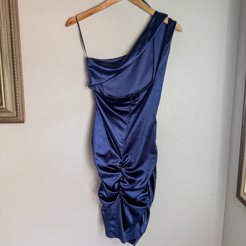GB Gianni Bini Blue Satin One Shoulder Ruched Bodycon Mini Dress Size 7 - Picture 4 of 12